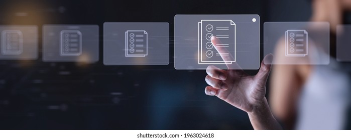 compliance rules and law regulation policy concept businesswoman working modern computer on virtual screen, documents with checkbox lists. - Shutterstock ID 1963024618