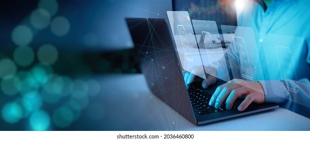 compliance rules and law regulation policy concept businessman working laptop computer on virtual screen, documents with checkbox lists - Shutterstock ID 2036460800