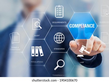 Compliance To Standards, Regulations, And Requirements To Pass Audit And Manage Quality Control. Concept About Conformity With Manager Or Auditor Pressing Buttons With Icons.