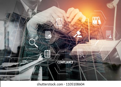 Compliance Virtual Diagram for regulations, law, standards, requirements and audit.Man using VOIP headset with digital tablet computer as concept communication or it support. - Shutterstock ID 1105108604