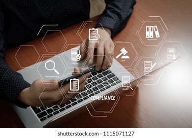 Compliance Virtual Diagram For Regulations, Law, Standards, Requirements And Audit.business Man Hand Using Smart Phone,laptop, Online Banking Payment Communication Network Technology 4.0