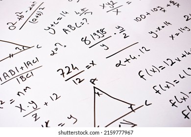 Complicated Calculations With Black Color Marker On Whiteboard, Math Idea, Formula And Calculation, Learning Mathematic Concept, White School Board, Sitting View