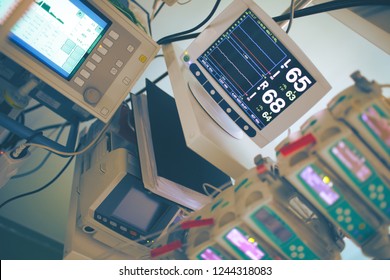 Complicated Medical Equipment For Life Support Monitoring In The Critical Care Unit.
