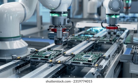 Component Installation and Quality Control of Circuit Board. Fully Automated PCB Assembly Line Equipped with High Precision Robot Arms at Electronics Factory. Electronic Devices Manufacturing Industry - Powered by Shutterstock