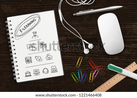 components of digital learning as icons on a notebook and the word "e-learning"