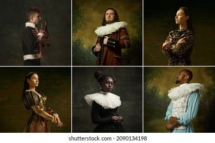 Composed and confident. Medieval people as a royalty persons in vintage clothing on dark background. Concept of comparison of eras, modernity and renaissance, baroque style. Creative collage. Flyer - Shutterstock ID 2090134198