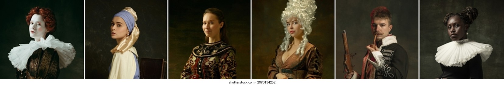 Composed and confident. Medieval people as a royalty persons in vintage clothing on dark background. Concept of comparison of eras, modernity and renaissance, baroque style. Creative collage. Flyer