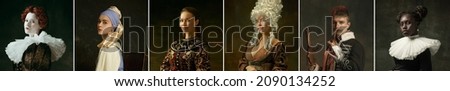 Composed and confident. Medieval people as a royalty persons in vintage clothing on dark background. Concept of comparison of eras, modernity and renaissance, baroque style. Creative collage. Flyer