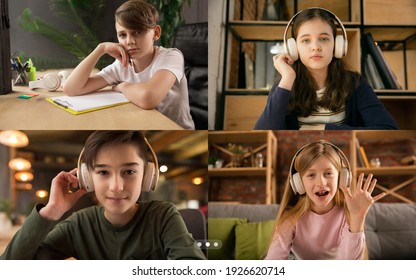 Composed. Group Of Kids, Class Studying By Group Video Call, Use Video Conference With Each Other. PC Screen View With Application Ad. Easy, Comfortable Usage Concept, Education, Online, Childhood.