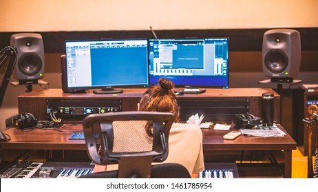 Composers desk in audio recording studio
