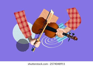Composite 3d art creative image collage of hands hold violin music instrument acoustic concert guitarist melody on purple background