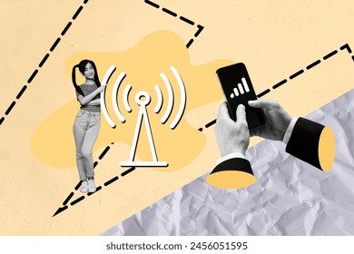 Composite 3D collage of beige background black white silhouette young lady show gesture internet signal service hand hold phone global net - Powered by Shutterstock