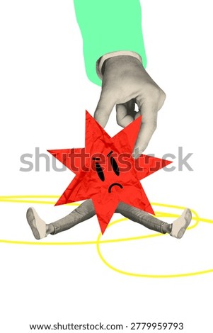 Composite 3D collage trend artwork template design of hand hold star body upset face cartoon expression sticker personality legs sit.