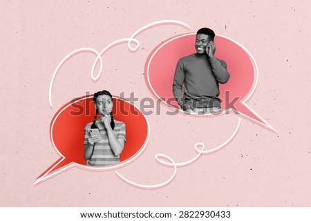 Composite 3D collage trend artwork template design of comic cloud feedback box balloon young lady man couple date app speech cloud message.