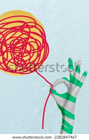 Composite 3d creative collage photo of hand untangle ball find solution difficult situation problem psychedelic concept isolated on blue background