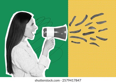 Composite 3d creative image collage of angry girl activist scream megaphone french fries restriction demonstration carbs junk food