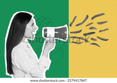 Composite 3d creative image collage of angry girl activist scream megaphone french fries restriction demonstration carbs junk food