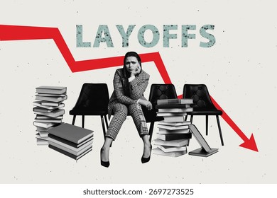 Composite 3d image art pop trend collage of upset businesswoman sit chair book pile arrow decline lay-off employee dismissal