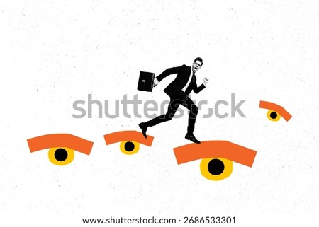 Composite 3d image artwork pop trend collage of scared businessman run eyeball stare freemason problem third supervision concept