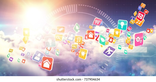 Composite 3D image of colourful computer applications against composite image of face