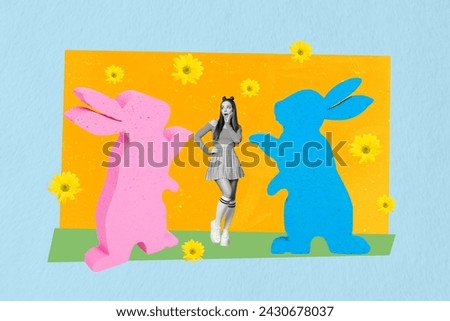 Composite 3d photo artwork collage of young surprised hipster girl two big bunnies rabbit figure scenery spring flowers isolated on blue color background