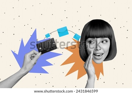 Composite 3d photo artwork graphics collage of hand hold credit card deposit money benefit young girl whisper secret information isolated on painted background