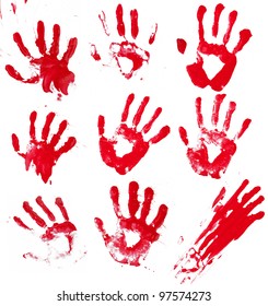 A Composite Of 9 Bloody Hand Prints Isolated On White.