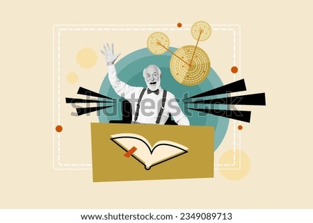 Composite abstract photo collage of positive friendly old man sit on tribune read lecture waving arm isolated creative drawing background