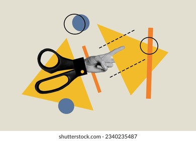 Composite abstract photo collage of scissors cutting pieces of paper make geometric figures isolated on creative colorful background