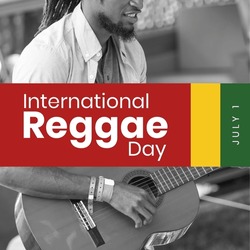Composite Of African American Man Playing Guitar With July 1 And International Reggae Day Text. Copy Space, Celebration, Music, Reggae And Jamaican Culture.