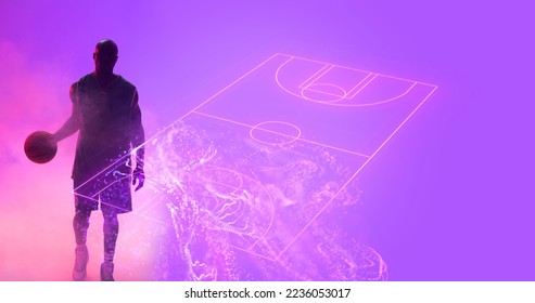 Composite of african american player with ball standing by illuminated basketball court , copy space. Purple, sport, competition, illustration, glowing, shape and abstract concept. - Powered by Shutterstock