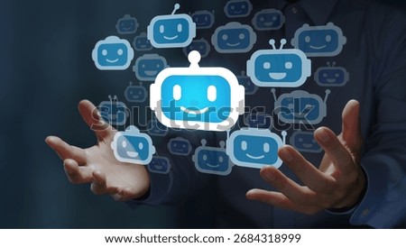 Composite AI and AI Orchestration. Multi-agent AI system. Businessperson holding multiple artificial intelligence robot icons.