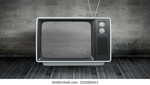 Composite of antique television with glitch on screen over table against brick wall. Copy space, distortion, retro, vintage, textured, antique, problems, abstract and technology concept. - Powered by Shutterstock