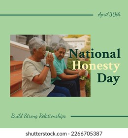 Composite of april 30th, national honesty day text and biracial couple with coffee talking on steps. Build strong relations, copy space, love, together, holiday, encourage, trust and communication. - Powered by Shutterstock