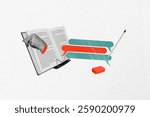 Composite art 3d creative image collage of hand hold encyclopedia book pencil note bubble chatterbox communication bookworm