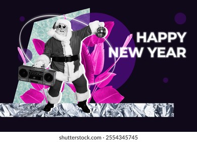 Composite art 3d creative image collage of happy man santa claus hold boombox recorder party xmas celebration event on dark background - Powered by Shutterstock