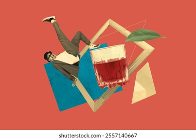 Composite art 3d creative image collage of happy old man dandy wear suit dance cognac glass toast celebration event friday party frame