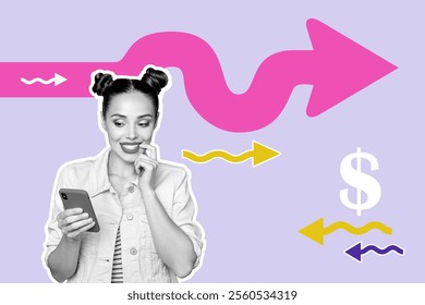 Composite art 3d creative image collage of happy girl hold phone freelance income dollar cash sign transaction wealth profit - Powered by Shutterstock