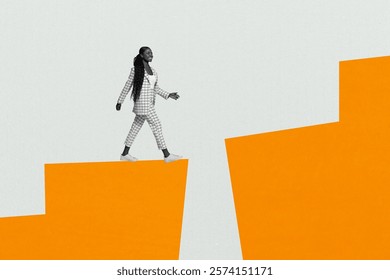 Composite art 3d creative image collage of happy american girl walk career ladder obstacle determination success promotion growth