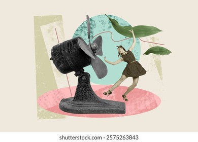 Composite art 3d creative image collage of shocked girl stand fan propeller ventilation summer hot temperature cool leaves