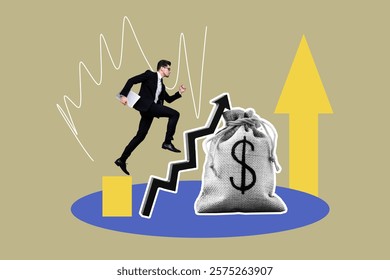 Composite art 3d creative image collage of serious businessman run ladder development arrow statistics dollar bag income profit