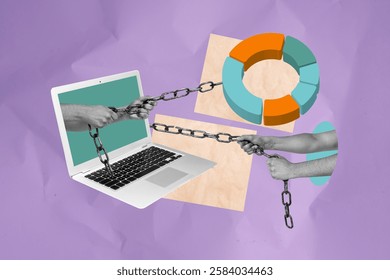 Composite art 3d creative image collage of business people hands pull chain metal settings repair diagram statistics development