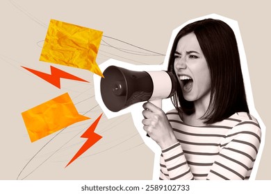 Composite art 3d creative image collage of angry girl activist scream megaphone bubble lightning tension concept workload boss