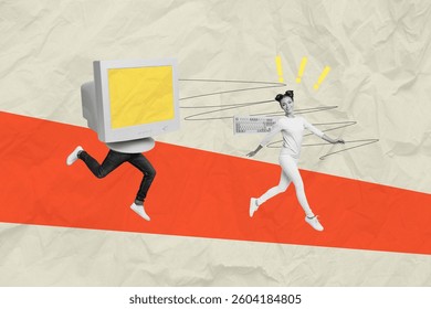 Composite art 3d creative image collage of happy girl run bodyless caricature man exclamation mark pc monitor addiction concept