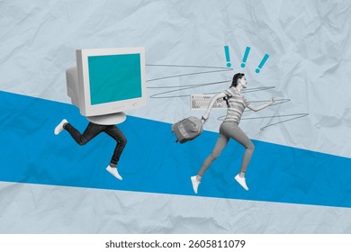 Composite art 3d creative image collage of happy girl run bodyless caricature man exclamation mark pc monitor addiction concept