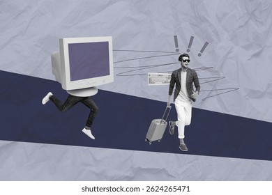 Composite art 3d creative image collage of happy guy hold suitcase walk bodyless caricature man exclamation mark pc monitor addiction