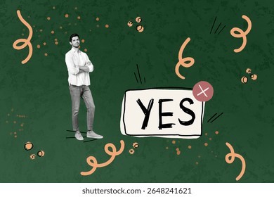 Composite art 3d creative image collage of happy businesswoman man dance yes keypad approval project keypad button webpage