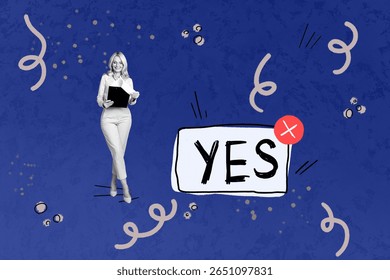 Composite art 3d creative image collage of happy businesswoman man dance yes keypad approval project keypad button webpage