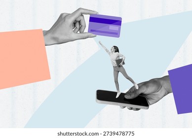 Composite art 3d creative image collage of happy businesswoman stand phone screen hands hold credit card deposit transaction.