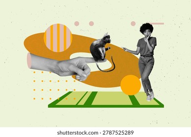 Composite art 3d creative image collage of happy girl stand safari park visitor mammal monkey animal hand pet friendly extinction.